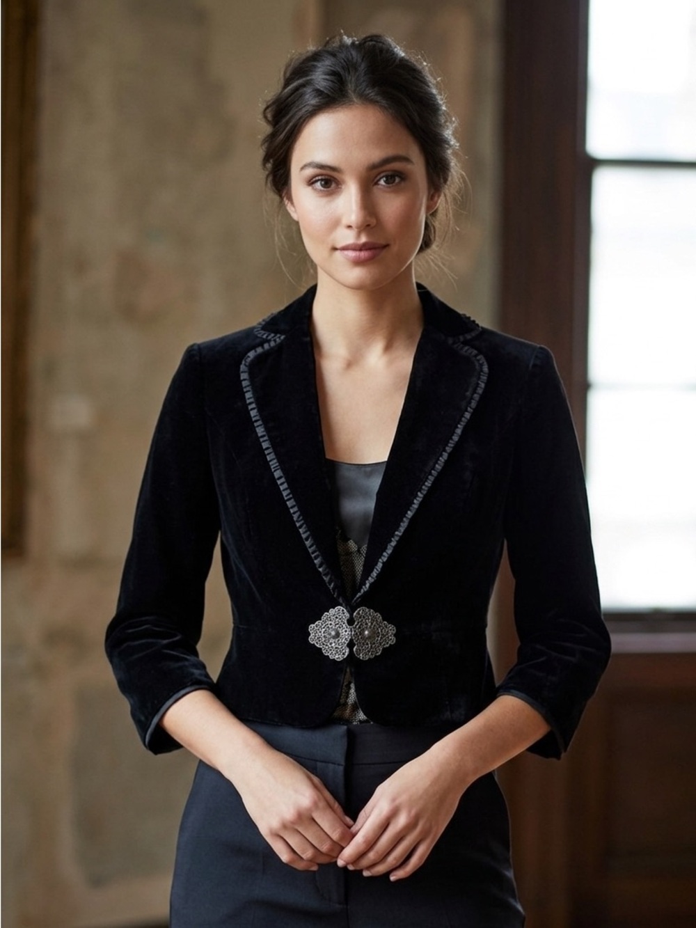 Loft Vintage Style Black Silk Velvet Evening Jacket‎ Silver Filigree Size 0